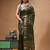 elegant olive green silk blend saree with hand-painted floral art & rich golden zari border