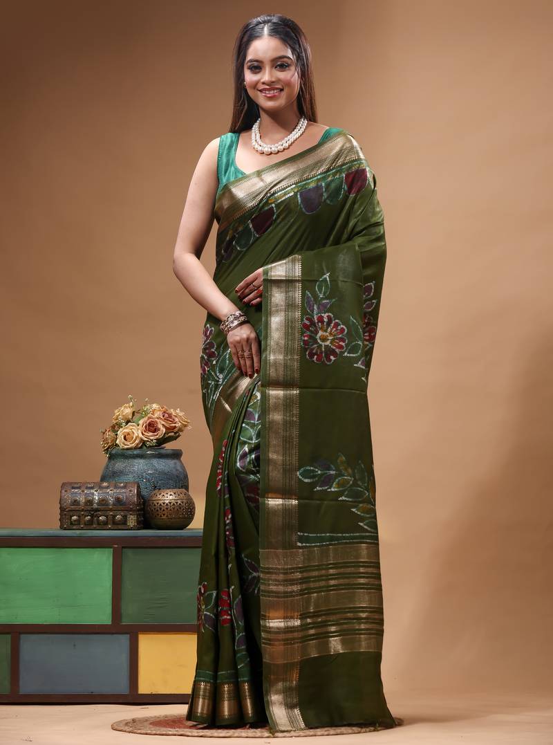 elegant olive green silk blend saree with hand-painted floral art & rich golden zari border