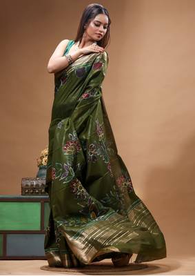 elegant olive green silk blend saree with hand-painted floral art & rich golden zari border 2