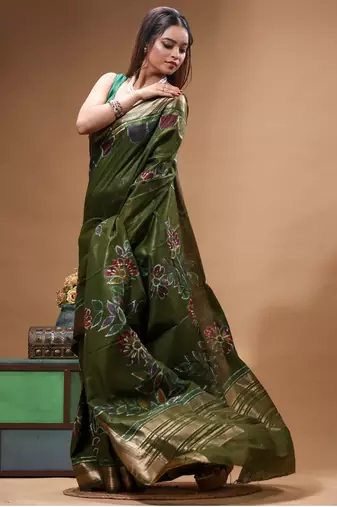 elegant olive green silk blend saree with hand-painted floral art & rich golden zari border