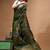 elegant olive green silk blend saree with hand-painted floral art & rich golden zari border