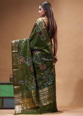 elegant olive green silk blend saree with hand-painted floral art & rich golden zari border 3