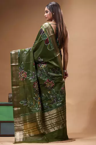 elegant olive green silk blend saree with hand-painted floral art & rich golden zari border