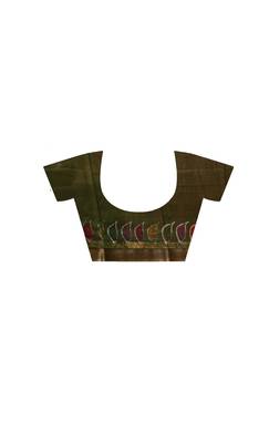 elegant olive green silk blend saree with hand-painted floral art & rich golden zari border 4