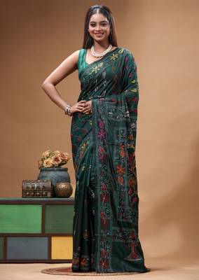 dark green silk blend stitch saree with multicolor hand-embroidered floral pallu 1