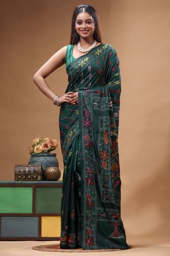 dark green silk blend stitch saree with multicolor hand-embroidered floral pallu