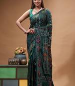 dark green silk blend stitch saree with multicolor hand-embroidered floral pallu