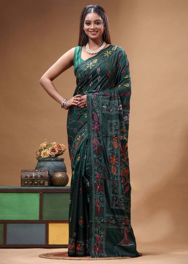 dark green silk blend stitch saree with multicolor hand-embroidered floral pallu
