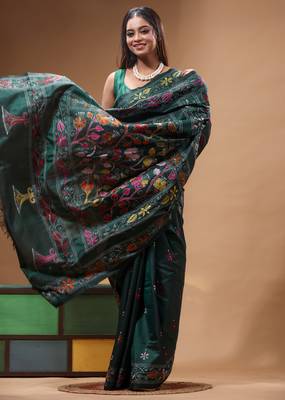 dark green silk blend stitch saree with multicolor hand-embroidered floral pallu 2