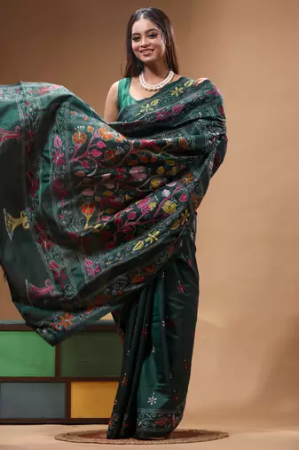 dark green silk blend stitch saree with multicolor hand-embroidered floral pallu
