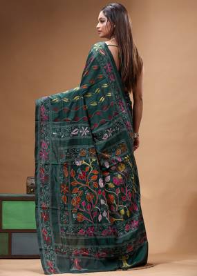 dark green silk blend stitch saree with multicolor hand-embroidered floral pallu 3