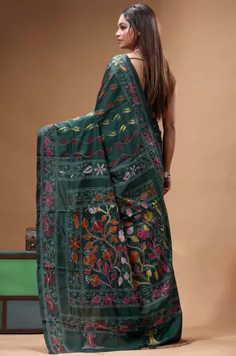 dark green silk blend stitch saree with multicolor hand-embroidered floral pallu