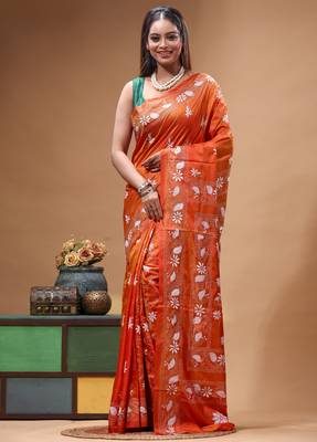 fire orange silk blend stitch saree with offwhite hand-embroidered floral pallu 1