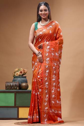 fire orange silk blend stitch saree with offwhite hand-embroidered floral pallu