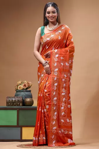 fire orange silk blend stitch saree with offwhite hand-embroidered floral pallu