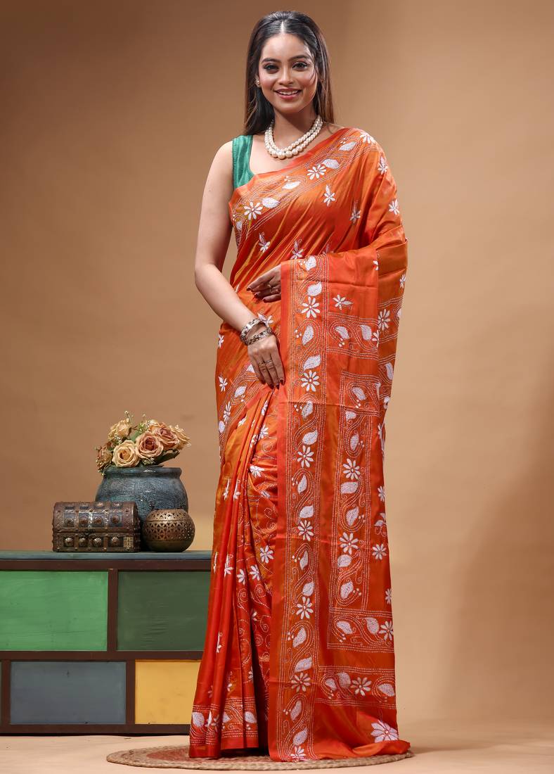 fire orange silk blend stitch saree with offwhite hand-embroidered floral pallu