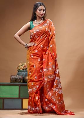 fire orange silk blend stitch saree with offwhite hand-embroidered floral pallu 2