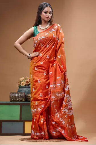 fire orange silk blend stitch saree with offwhite hand-embroidered floral pallu
