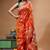 fire orange silk blend stitch saree with offwhite hand-embroidered floral pallu
