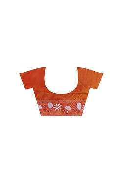 fire orange silk blend stitch saree with offwhite hand-embroidered floral pallu 3