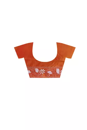 fire orange silk blend stitch saree with offwhite hand-embroidered floral pallu
