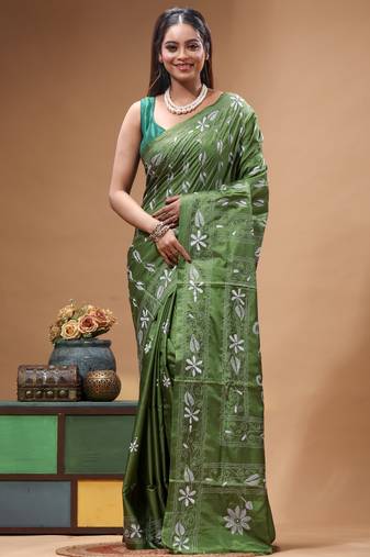 green silk blend stitch saree with offwhite hand-embroidered floral pallu