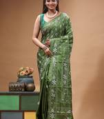 green silk blend stitch saree with offwhite hand-embroidered floral pallu