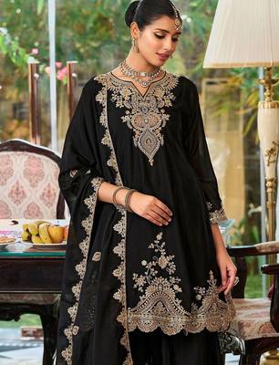 Floral Embroidered Sequinned Chinon A-Line Kurta With Palazzos & Dupatta 1