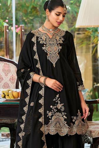 Floral Embroidered Sequinned Chinon A-Line Kurta With Palazzos & Dupatta