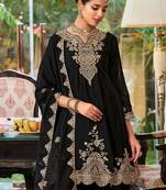 Floral Embroidered Sequinned Chinon A-Line Kurta With Palazzos & Dupatta