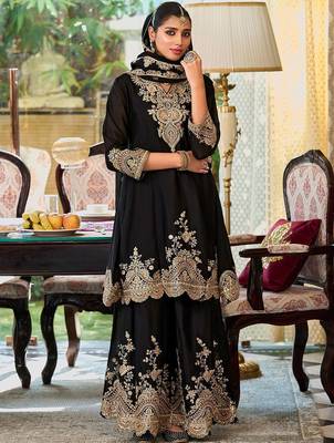 Floral Embroidered Sequinned Chinon A-Line Kurta With Palazzos & Dupatta 2