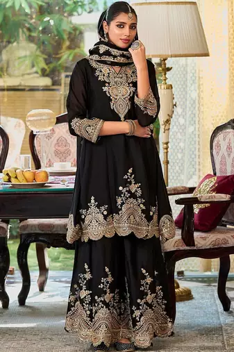 Floral Embroidered Sequinned Chinon A-Line Kurta With Palazzos & Dupatta