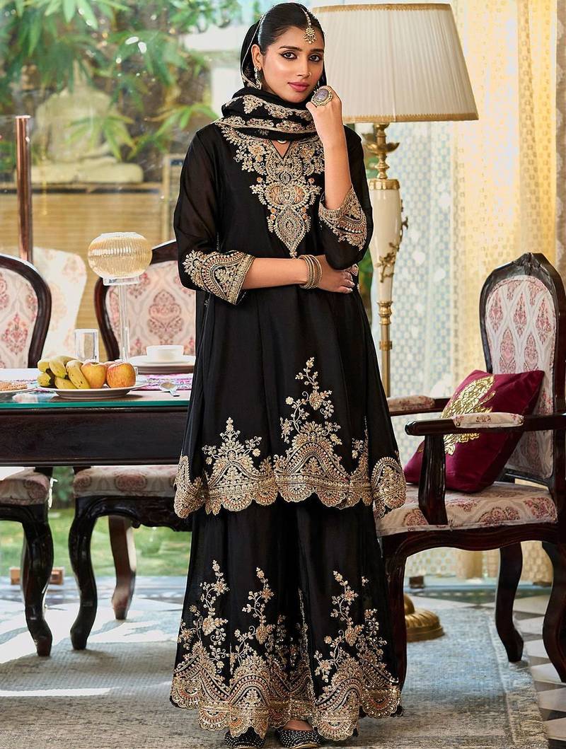 Floral Embroidered Sequinned Chinon A-Line Kurta With Palazzos & Dupatta