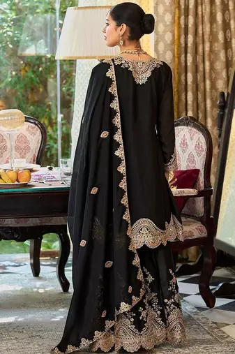 Floral Embroidered Sequinned Chinon A-Line Kurta With Palazzos & Dupatta