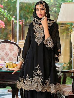 Floral Embroidered Sequinned Chinon A-Line Kurta With Palazzos & Dupatta 4