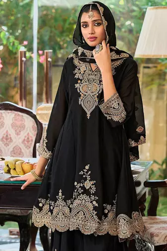 Floral Embroidered Sequinned Chinon A-Line Kurta With Palazzos & Dupatta