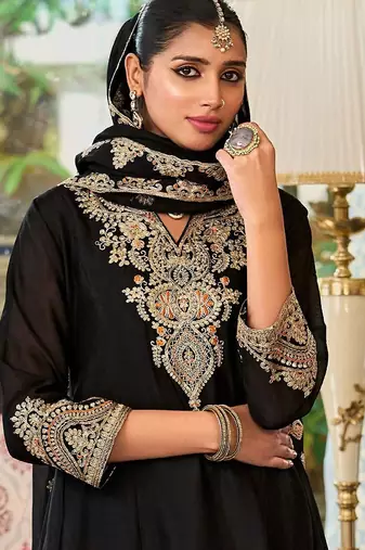 Floral Embroidered Sequinned Chinon A-Line Kurta With Palazzos & Dupatta