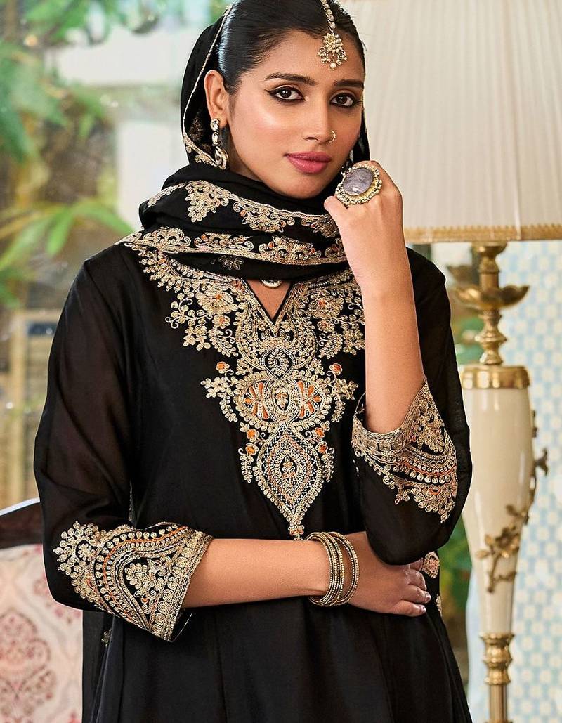 Floral Embroidered Sequinned Chinon A-Line Kurta With Palazzos & Dupatta