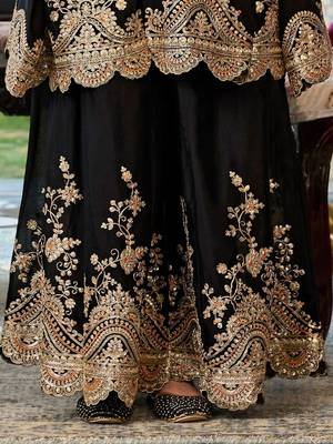 Floral Embroidered Sequinned Chinon A-Line Kurta With Palazzos & Dupatta 6
