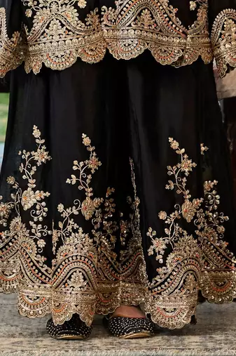Floral Embroidered Sequinned Chinon A-Line Kurta With Palazzos & Dupatta