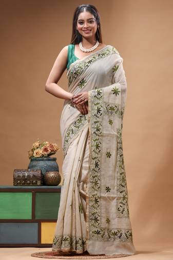 off-white cotton blend saree with olive green floral embroidered stitched saree