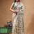 off-white cotton blend saree with olive green floral embroidered stitched saree