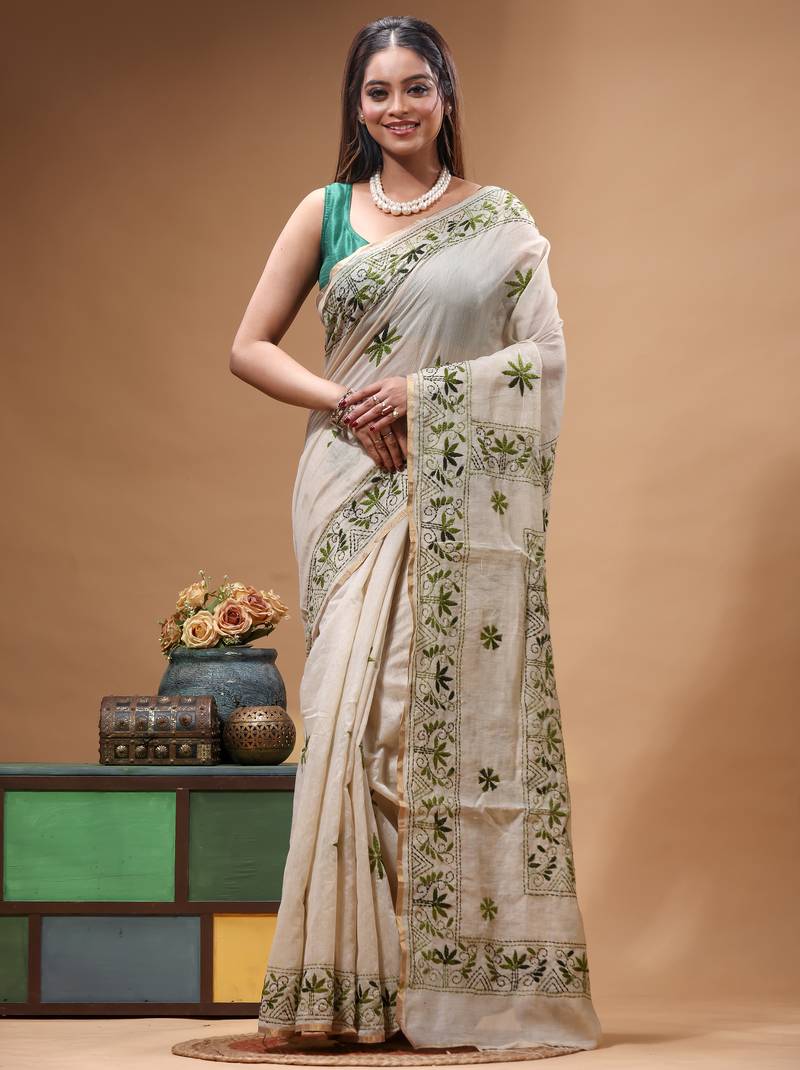 off-white cotton blend saree with olive green floral embroidered stitched saree