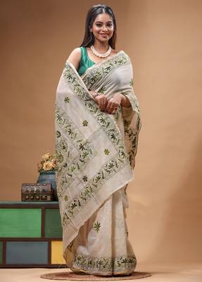 off-white cotton blend saree with olive green floral embroidered stitched saree 2