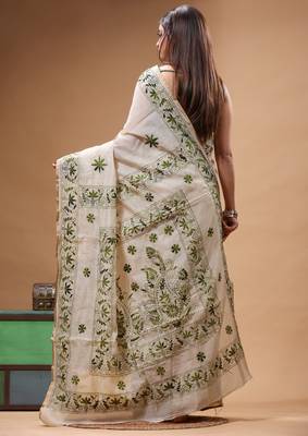 off-white cotton blend saree with olive green floral embroidered stitched saree 3