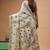 off-white cotton blend saree with olive green floral embroidered stitched saree
