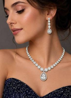 Pear Cut CZ Bridal Necklace Earrings Set, Teardrop Wedding Jewelry, Silver Statement Bridesmaid Prom 1