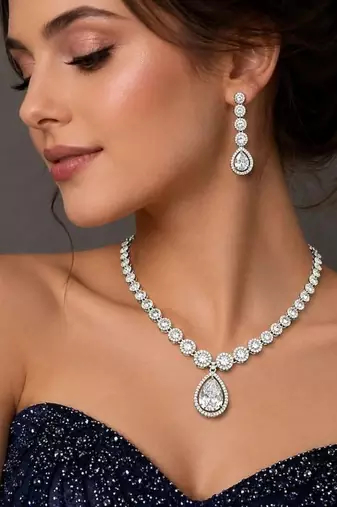 Pear Cut CZ Bridal Necklace Earrings Set, Teardrop Wedding Jewelry, Silver Statement Bridesmaid Prom