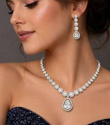 Pear Cut CZ Bridal Necklace Earrings Set, Teardrop Wedding Jewelry, Silver Statement Bridesmaid Prom