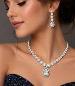 Pear Cut CZ Bridal Necklace Earrings Set, Teardrop Wedding Jewelry, Silver Statement Bridesmaid Prom